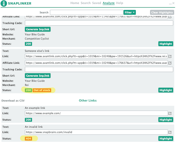 New SnapLinker user interface showing how to find out of stock products and broken links